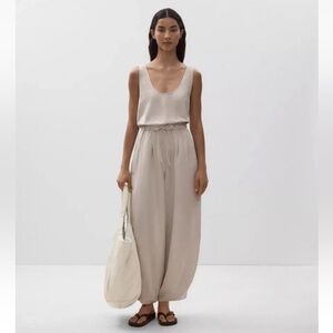 Oysho Linen Blend Drawstring Balloon Leg Jumpsuit In Sand Melange XS